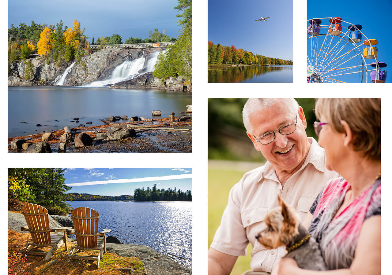 Riverside view of Bracebridge Falls in Autumn. Plane flies over North Branch Muskoka River in Autumn. Deck chairs overlooking North Branch Muskoka River in Autumn